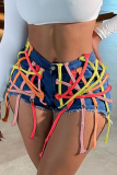 Svarta Casual Patchwork Draw String Skinny Denim Shorts med mitten av midjan