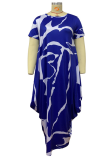 Blue Casual Print Patchwork O Neck Irregular Dress Plus Size Dresses