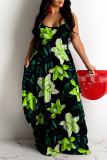 Green Sweet Print Patchwork Spaghetti Strap Sling Dress Plus Size Dresses