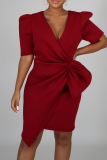 Red Casual Solid Patchwork V Neck Irregular Dress Dresses
