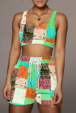 Rose Red Sexy Print Patchwork Square Collar Sleeveless Two Pieces