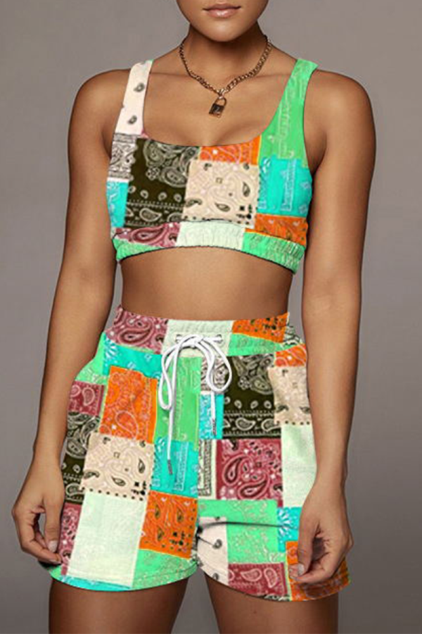 Orange Green Sexy Print Patchwork Square Collar Sleeveless Two Pieces