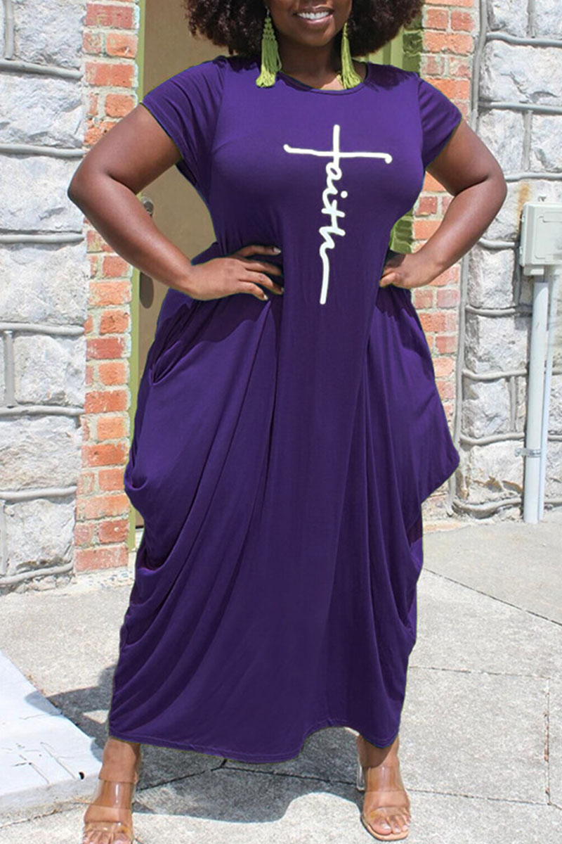 

Purple Casual Print Split Joint Asymmetrical O Neck Short Sleeve Dress Plus Size Dresses