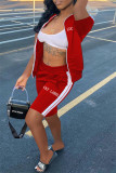 Rosa lässige Sportbekleidung, mit Buchstaben bestickt, Patchwork, Reißverschluss, Kragen, kurze Ärmel, zweiteilig