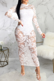 Weiß Sexy Patchwork Mesh O-Ausschnitt Spitzenkleid Kleider