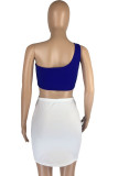 Blue Sexy Solid Backless Asymmetrical One Shoulder Sleeveless Two Pieces