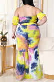 Gele Mode Sexy Print Tie Dye Backless Off the Shoulder Plus Size Two Pieces