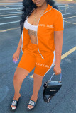 Arancione Abbigliamento sportivo casual Lettera ricamata patchwork Colletto con cerniera Manica corta Due pezzi