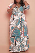 シアンのエレガントなプリント包帯パッチワーク V ネック ストレート プラス サイズ ドレス