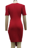 Vestidos de vestido irregular vermelho casual patchwork sólido com decote em v