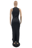 Черное модное сексуальное однотонное платье без рукавов с вырезом и круглым вырезом