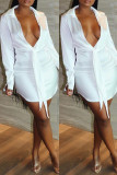 Witte mode casual effen basic turndown kraag jurken met lange mouwen