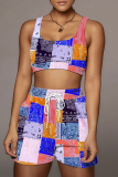 Orange Green Sexy Print Patchwork Square Collar Sleeveless Two Pieces