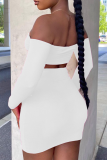 White Sexy Solid Hollowed Out Off the Shoulder Long Sleeve Two Pieces