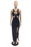 Black Fashion Sexy Solid Hollowed Out Slit O Neck Sleeveless Dress