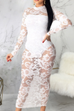 Weiß Sexy Patchwork Mesh O-Ausschnitt Spitzenkleid Kleider