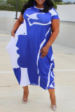 Blaues, lässiges Patchwork-Kleid mit O-Ausschnitt, unregelmäßiges Kleid in Übergröße