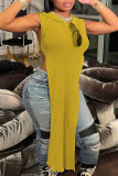 ゴールデン イエロー カジュアル ソリッド パッチワーク ハイオープニング Vネック ペンシル スカート ドレス