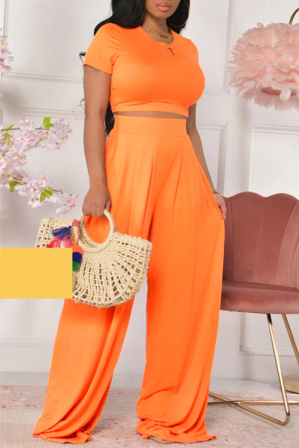 Оранжевый модный повседневный однотонный базовый с круглым вырезом и коротким рукавом из двух предметов