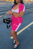ピンク カジュアル スポーツウェア レター刺繍 パッチワーク ジッパーカラー 半袖 XNUMX 枚