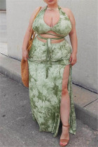 Green Sexy Print Backless Slit Strap Design Halter Plus Size Two Pieces