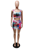 Red Blue Sexy Print Patchwork Square Collar Sleeveless Two Pieces