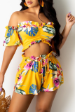 White Sexy Print Patchwork Off the Shoulder Short Sleeve Two Pieces