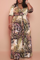 Gele elegante print bandage patchwork v-hals rechte grote maten jurken