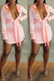 Pink Fashion Casual Solid Basic Turndown Collar Long Sleeve Dresses