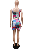 Rose Red Sexy Print Patchwork Square Collar Sleeveless Two Pieces