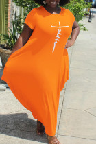Orange Casual Print Patchwork Asymmetrisk O-hals Kortärmad Klänning Plus Size Klänningar