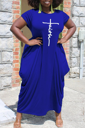 Vestido azul escuro estampado casual patchwork assimétrico manga curta vestidos tamanho grande