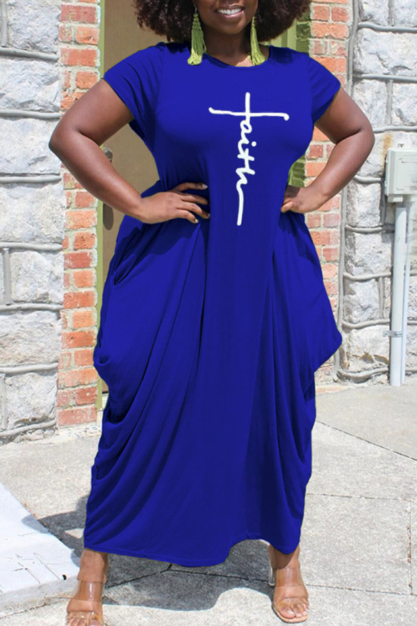 Vestido de manga corta con cuello en O asimétrico de retazos con estampado informal azul profundo Vestidos de talla grande