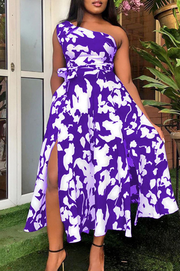Purple Elegant Print Patchwork High Opening Oblique Collar Princess Dresses