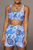 Blue Yellow Sexy Print Patchwork Square Collar Sleeveless Two Pieces