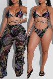 Black Fashion Sexy Print Backless Strap Design Swimwears Driedelige set