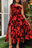 Rote, elegante, bedruckte, Patchwork-Prinzessinkleider mit hoher Öffnung und schrägem Kragen