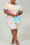 Rose Red Blue Casual O Neck Print Tie Dye Pattern Plus Size