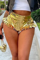 Pantalones pitillo de cintura alta con volantes sólidos dorados Sexy Color sólido