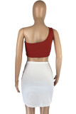 Purplish Red Sexy Solid Backless Asymmetrical One Shoulder Sleeveless Two Pieces
