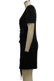 Vestidos de vestido irregular preto casual patchwork sólido com decote em v