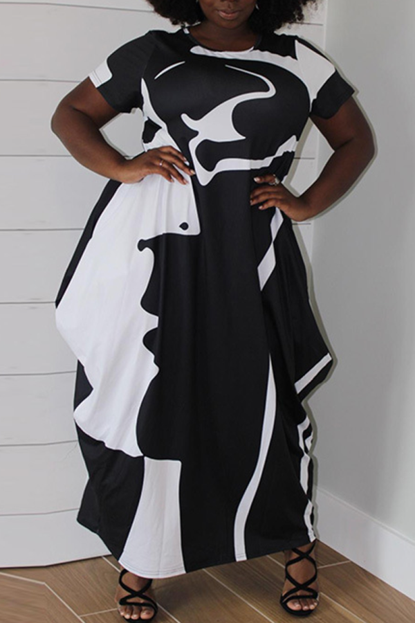 Zwarte casual print patchwork O-hals onregelmatige jurk Grote maten jurken