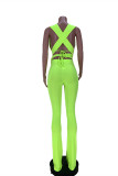 Fluorescent Green Sexy Solid Backless Strap Design V Neck Sleeveless Two Pieces