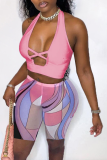 Pink Sexy Print Bandage Halter Sleeveless Two Pieces