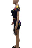 Black Casual Print Tassel Patchwork O Neck Short Sleeve Two Pieces
