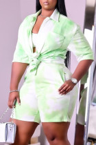 Fluorescent Green Fashion Casual Tie Dye Printing Turndown Collar Half Sleeve Three-piece Set