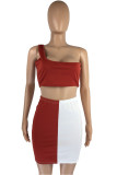 Purplish Red Sexy Solid Backless Asymmetrical One Shoulder Sleeveless Two Pieces