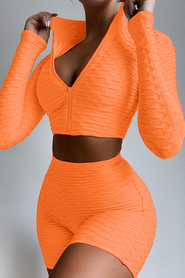 Orange Lässige Sportbekleidung Solide Basic Reißverschlusskragen Langarm Zweiteiler