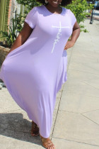 Robe de grande taille violet clair à imprimé décontracté patchwork asymétrique col rond à manches courtes