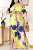 Yellow Fashion Sexy Print Tie Dye Backless Off the Shoulder Plus Size Two Pieces